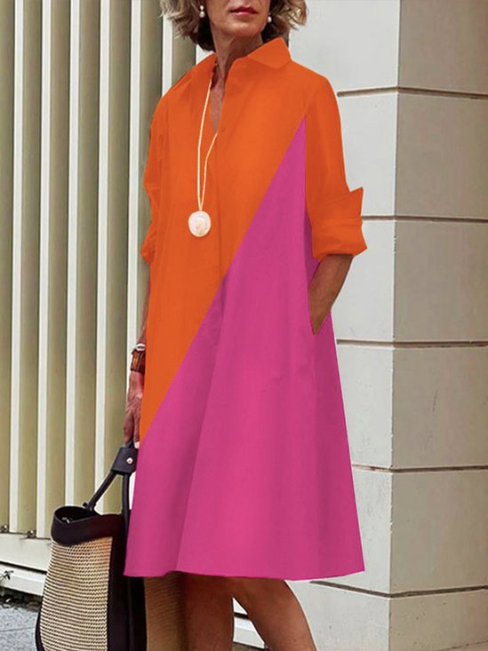 Robes Bloc de Couleur Automne Urbain Quotidien Midi Manches Longues Coton Mélangé A-Line Robe Chemise pour Femme