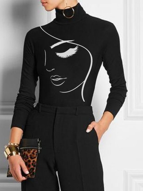 T-shirts Printemps / Automne Urbain Visage Léger Micro-élasticité Quotidien Serré Col Roulé Ligne T pour Femmes