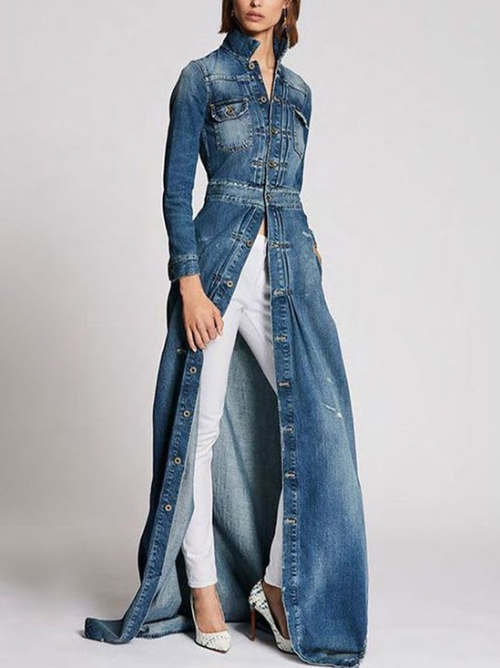 Toile de Jean Manteaux Plain Printemps / Automne Urbain Taille Haute Aucune élasticité Quotidien Coupe Régulière Régulier Col de Chemise pour Femmes
