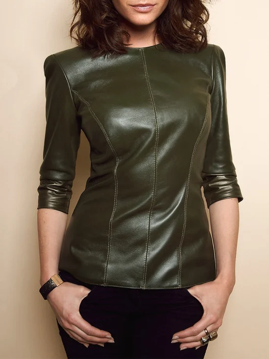 Cuir Tops Femmes Plain Printemps / Automne Urbain Aucune élasticité Coupe Régulière Manches trois quarts Col Rond Droit Régulier