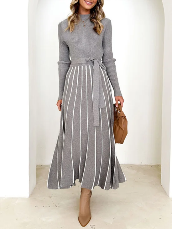 Robes Pulls Femmes Bloc de Couleur Automne Élégant Ceinture Col Montant Aucune élasticité Coupe Régulière Maxi Manches Longues