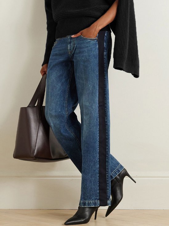 Jeans Bloc de Couleur Printemps / Automne Urbain Polyester Taille Haute Faire la navette Pantalon droit Droit Régulier pour Femmes