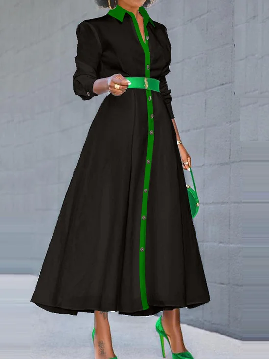 Robes Femmes Bloc de Couleur Printemps / Automne Élégant Naturel Aucune élasticité Coupe Régulière Manches Longues Ligne X Robe Chemise