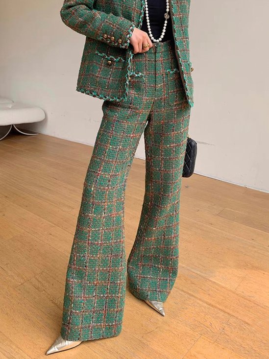 Pantalon à taille haute élégant en tweed à carreaux pour femmes