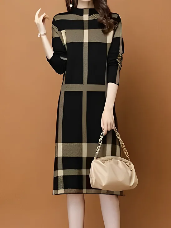 Robes Pulls Plaid Automne Urbain Acrylique Naturel Poids lourd Aucune élasticité Manches Longues Droit pour Femmes
