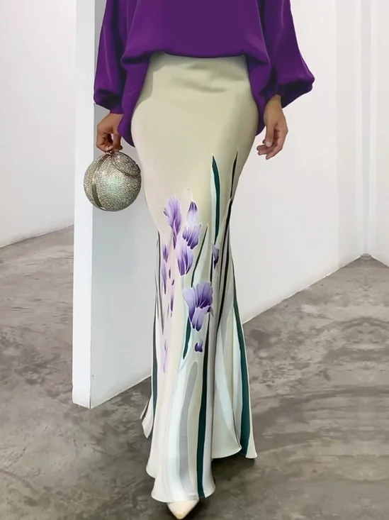 Jupes Femmes Floral Printemps / Automne Élégant Polyester Taille Haute Aucune élasticité Coupe Régulière Faire la navette Droit