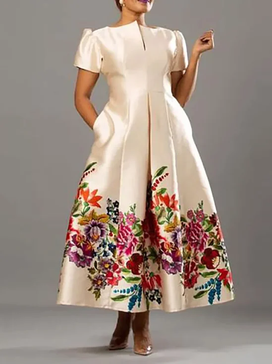 Robes Floral Été Élégant Polyester Aucune élasticité Coupe Régulière Manches Courtes Régulier Poche Couture pour Femmes