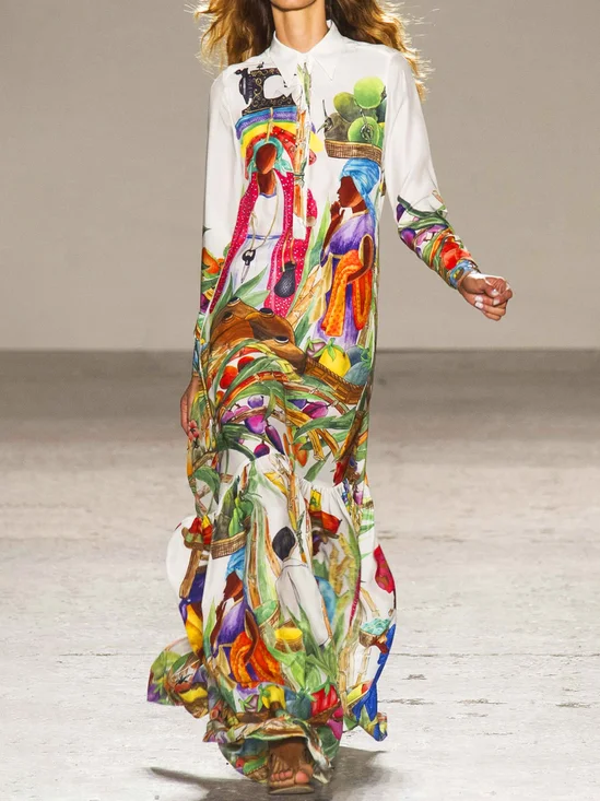 Robes Femmes Abstrait Printemps / Automne Urbain Polyester Naturel Ample Maxi Col Châle Droit