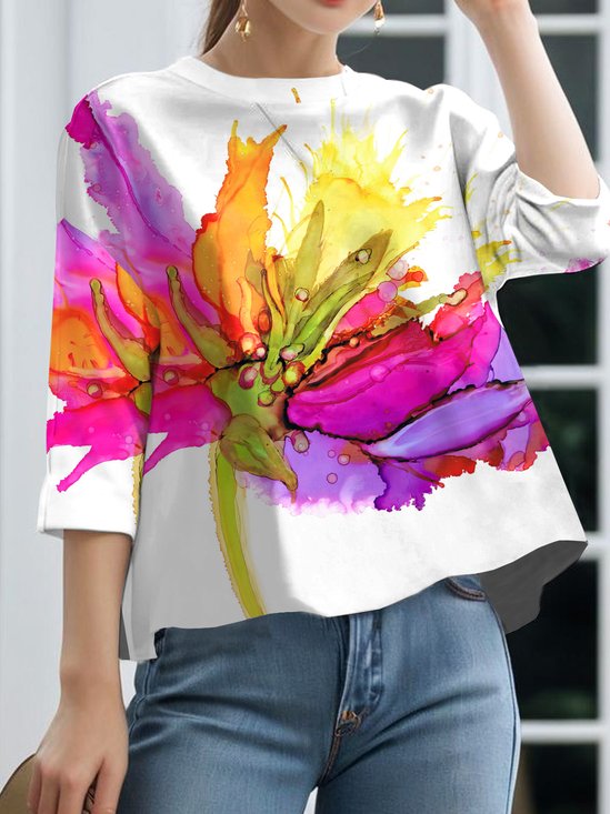 Chemises Décontracté Floral Printemps / Automne Micro-élasticité Quotidien Ample Manches trois quarts Régulier Régulier pour Femmes