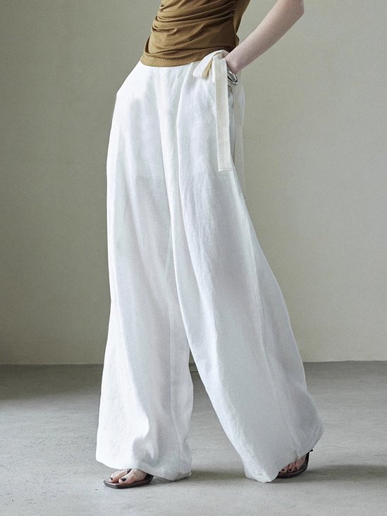 Mode Pantalons Femmes Décontracté Plain Printemps / Automne Nœud Quotidien Coupe Régulière Coton Et Lin Pantalons à Jambe Large Droit
