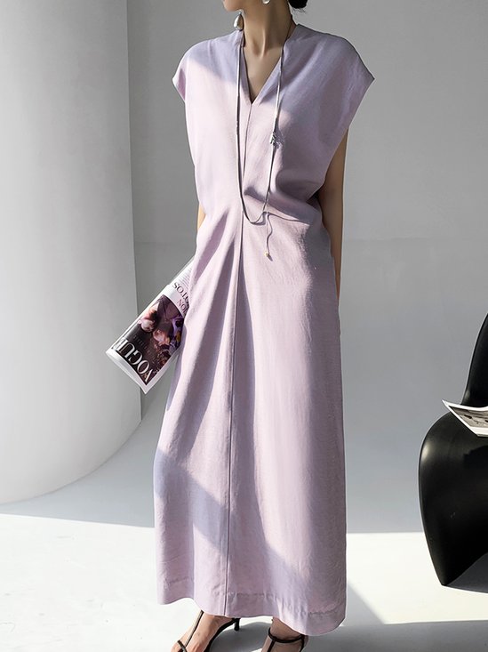 Robes Plain Été Élégant Polyester Col V Micro-élasticité Quotidien Maxi Ligne X pour Femmes