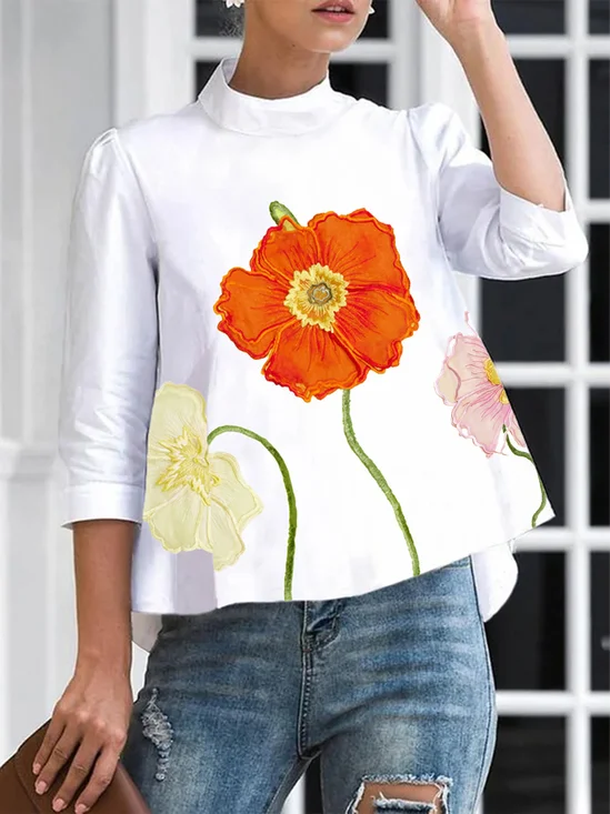 Chemises Femmes Floral Printemps / Automne Urbain Polyester Aucune élasticité Ample Manches trois quarts Régulier Régulier