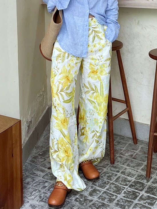 Mode Pantalons Femmes Décontracté Floral Printemps / Automne Taille Haute Micro-élasticité Quotidien Coupe Régulière Pantalons à Jambe Large Droit