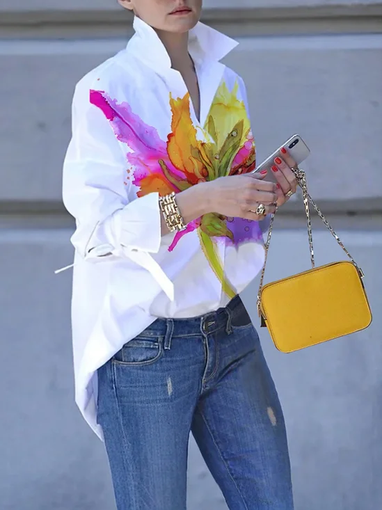 Blouses Printemps / Automne Urbain Aléatoire Imprimé Polyester Léger Quotidien Manches Longues Régulier Droit pour Femmes