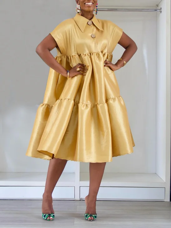 Robes Plain Été Élégant Taille Haute Droit Régulier Poche Couture Non Longueur du genou pour Femmes