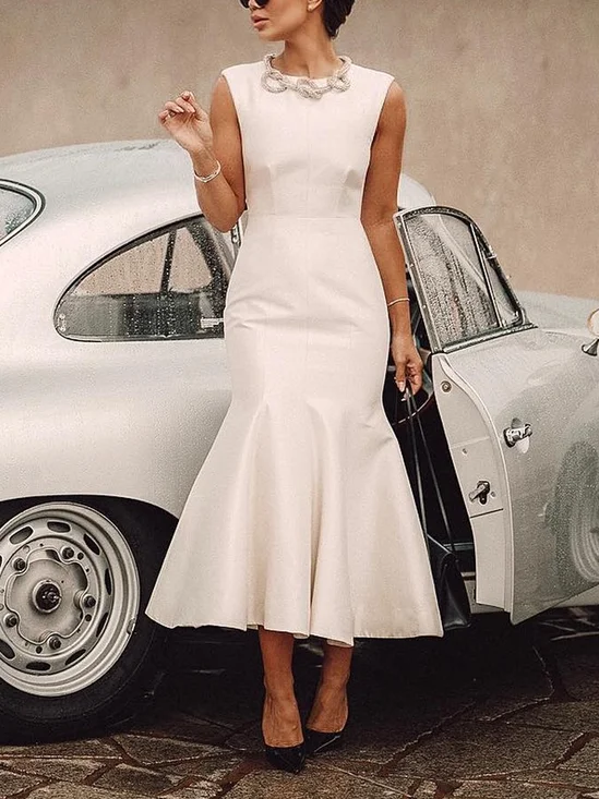 Robes Femmes Plain Été Élégant Polyester Taille Haute Mariage Mi-longue Ligne X Régulier
