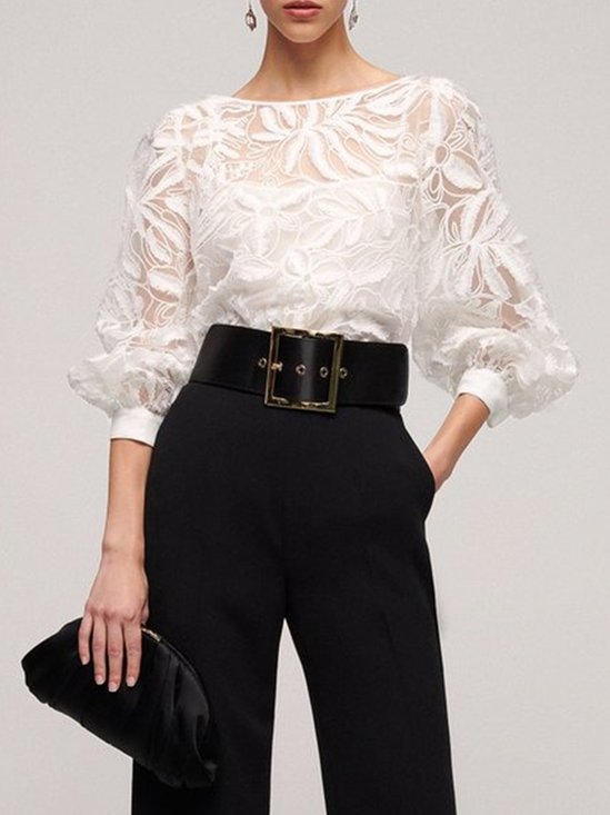 Chemises Femmes Printemps / Automne Urbain Dentelle Micro-élasticité Ample Faire la navette Col Rond Régulier Droit