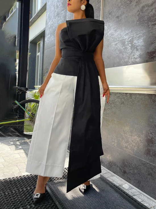 Combinaisons Bloc de Couleur Été Élégant Polyester Sans Bretelles Mariage Pantalon à la cheville Ligne X Régulier pour Femmes