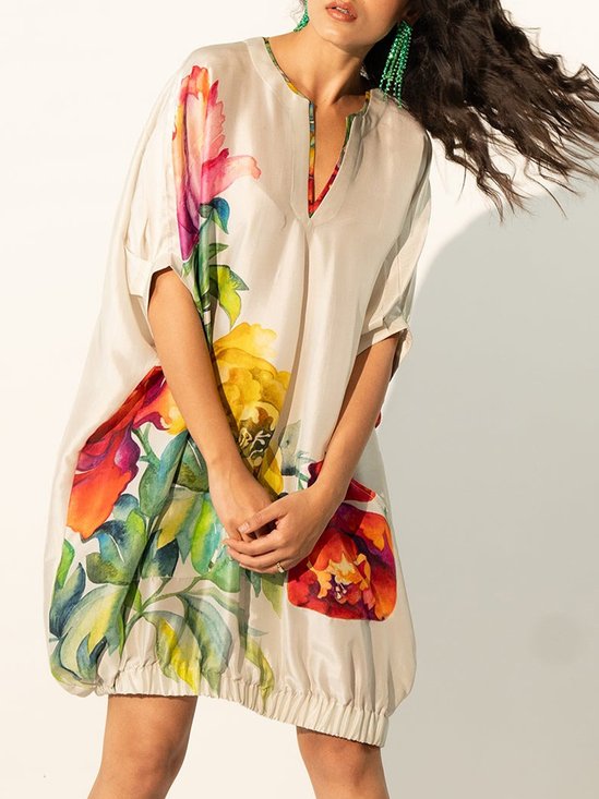 Robes Femmes Floral Été Vacances Col V Naturel Micro-élasticité Mini Régulier Non