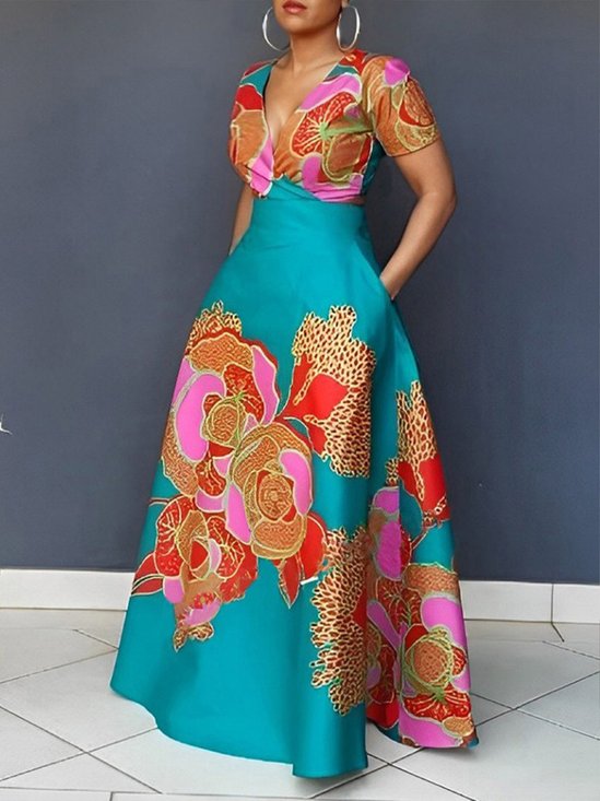Robes Femmes Floral Été Élégant Polyester Col V Taille Haute Maxi Régulier Non