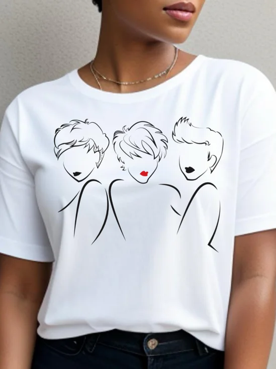 T-shirts Décontracté Visage Été Quotidien Ample Col Rond Régulier Ligne T Régulier pour Femmes