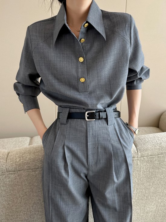 Chemises Plain Printemps / Automne Urbain Polyester Micro-élasticité Coupe Régulière Manches Longues Régulier Droit pour Femmes