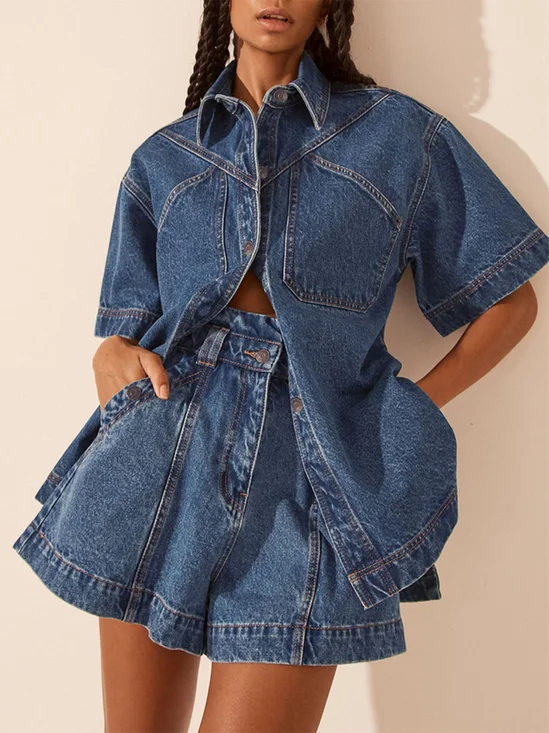 Toile de Jean Blouses Femmes Décontracté Plain Été Quotidien Demi Manche Toile de Jean Régulier Droit Col de Chemise