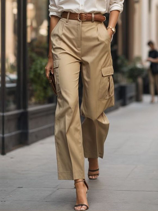 Cargo Pantalons Plain Printemps / Automne Urbain Polyester Aucune élasticité Quotidien Coupe Régulière Droit Régulier pour Femmes