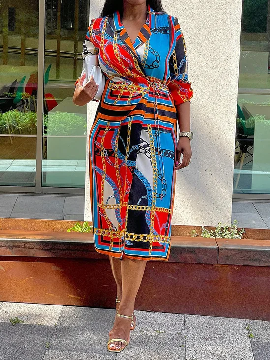 Robes Géométrique Printemps / Automne Urbain Quotidien Manches trois quarts à Col Revers Régulier Poche Couture Non pour Femmes