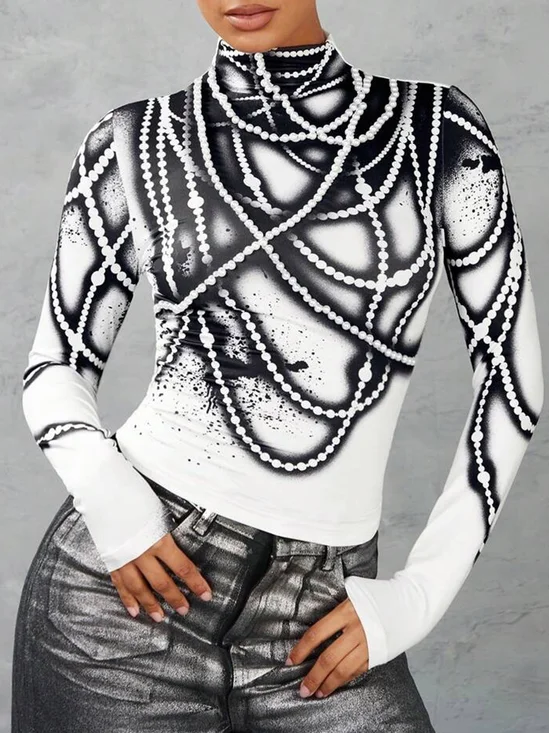 T-shirts Printemps / Automne impression en 3D Urbain à Haute Élasticité Serré Régulier Régulier Faux Col Manches régulières pour Femmes