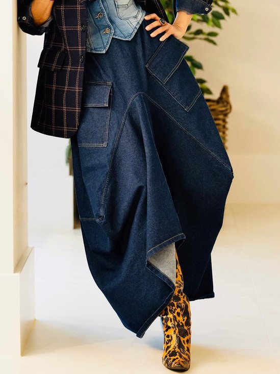 Toile de Jean Jupes Décontracté Plain Printemps / Automne Taille Haute Micro-élasticité Quotidien Maxi O-Ligne Régulier pour Femmes