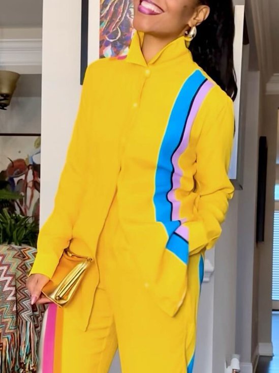 Chemises Bloc de Couleur Printemps / Automne Urbain Imprimé Micro-élasticité Droit Régulier Manches régulières Col de Chemise pour Femmes