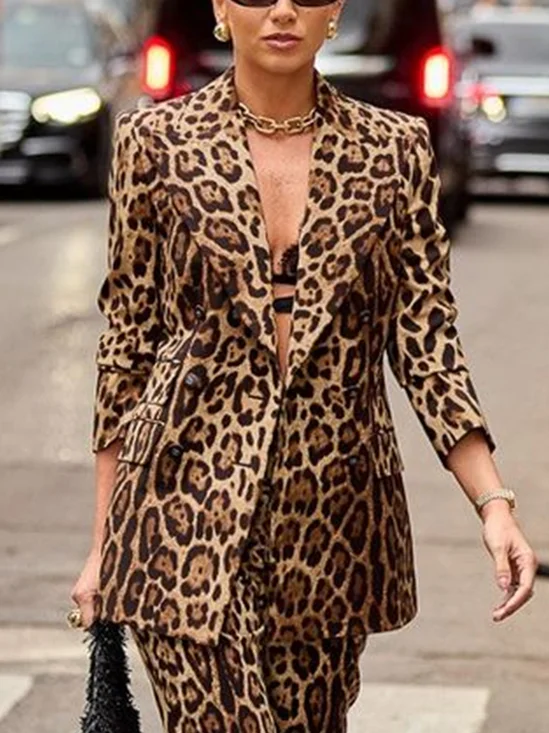 Blazers Femmes Printemps / Automne Motif Léopard Urbain Naturel Aucune élasticité Coupe Régulière Faire la navette Régulier Poche Couture