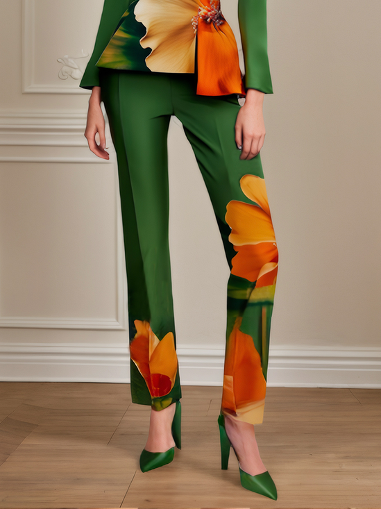 Mode Pantalons Floral Printemps / Automne Urbain Micro-élasticité Coupe Régulière Faire la navette Pantalon droit Régulier Poche Couture pour Femmes