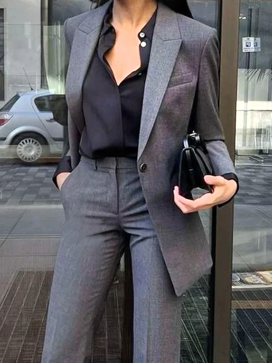 Blazers Plain Printemps / Automne Urbain Polyester Aucune élasticité Manches Longues à Col Revers Régulier Poche Couture pour Femmes