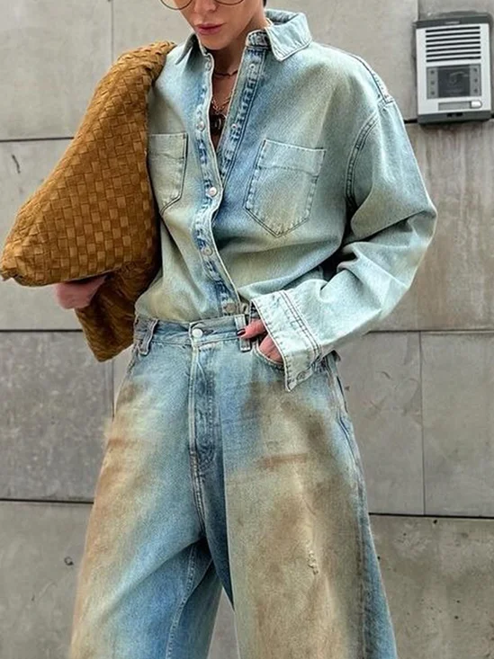Toile de Jean Chemises Décontracté Plain Été Quotidien Toile de Jean Droit Régulier Pénible Col de Chemise pour Femmes