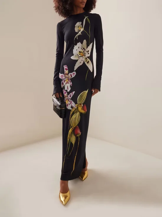 Robes Femmes Floral Printemps / Automne Élégant Polyester Serré Maxi Manches Longues Élasticité moyenne Manches régulières