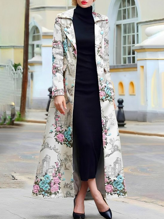 Manteaux Floral Hiver Urbain Polyester Coupe Régulière Col Châle Long Régulier Manches régulières pour Femmes
