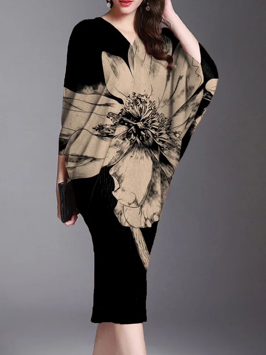 Robes Femmes Floral Printemps / Automne Élégant Manche Dolman Naturel Micro-élasticité Manches trois quarts O-Ligne Non