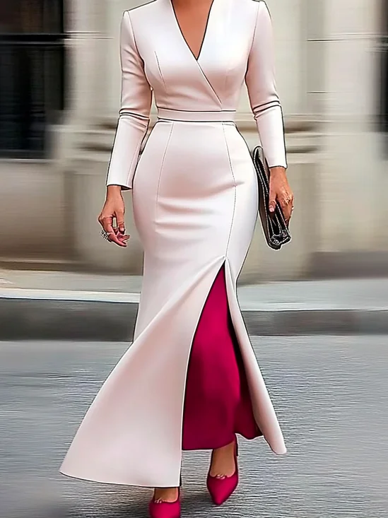 Robes Bloc de Couleur Printemps / Automne Élégant Joint Fendu Col croisé Aucune élasticité Manches Longues Manches régulières Non pour Femmes