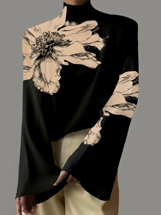 Chemisiers1 Floral Printemps / Automne Urbain Polyester Imprimé Quotidien Ample Manches Longues Régulier pour Femmes