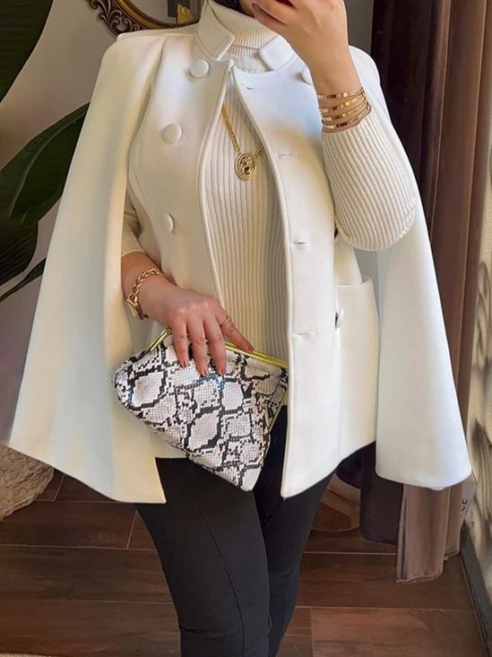 Capes Plain Printemps / Automne Élégant Polyester Col Montant Naturel Cape Poche Couture ensemble pour Femmes
