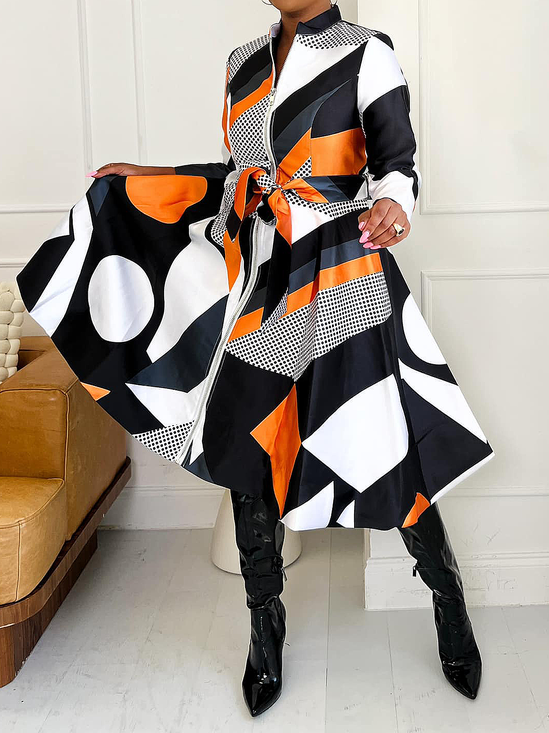 Robes Femmes Géométrique Printemps / Automne Élégant Ceinture Aucune élasticité Mi-longue Régulier Poche Couture ensemble