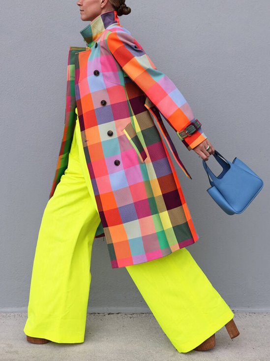 Manteaux de Tranchée Printemps / Automne Plaid Urbain Ceinture Micro-élasticité Régulier Régulier Manches régulières Poche Couture pour Femmes