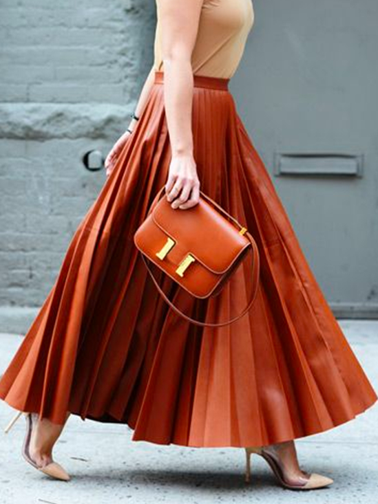 Jupes Plain Printemps / Automne Urbain PU Zip Froncé Naturel Aucune élasticité Maxi pour Femmes
