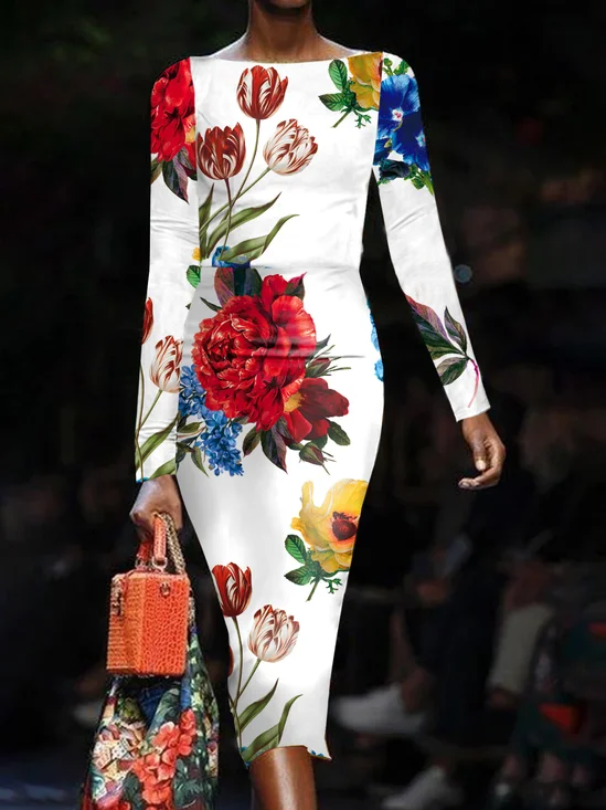 Robes Femmes Floral Printemps / Automne Urbain Polyester Imprimé Micro-élasticité Quotidien Serré Collant
