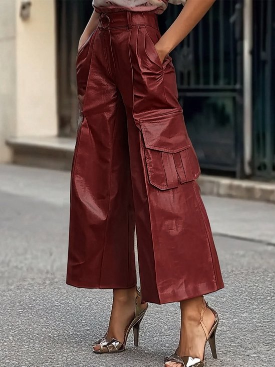 Cuir Pantalons Femmes Plain Automne Urbain PU Aucune élasticité Pantalon à la cheville Pantalons à Jambe Large Trapèze Poche Couture