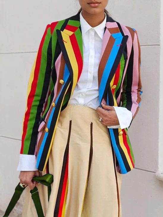 Blazers Femmes Rayé Printemps / Automne Urbain Polyester Taille Haute Manches Longues Ligne X Régulier ensemble