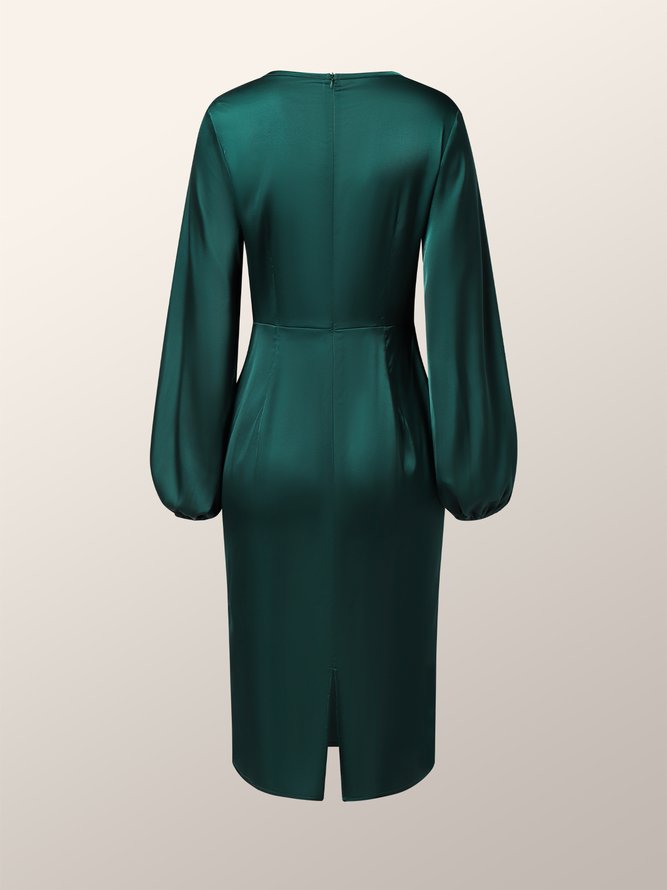 Robes Bloc de Couleur Automne Elé Taille Haute Micro-élasticité Midi Manches Longues Col Ras du Cou Normal pour Femme