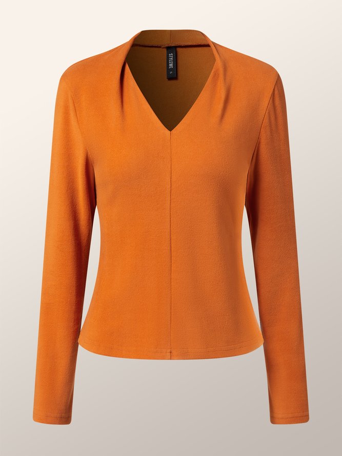 T-Chemise Plain Hiver Simple Col V à Haute Élasticité Coupe Régulière Manches Longues Régulier H-ligne pour Femmes